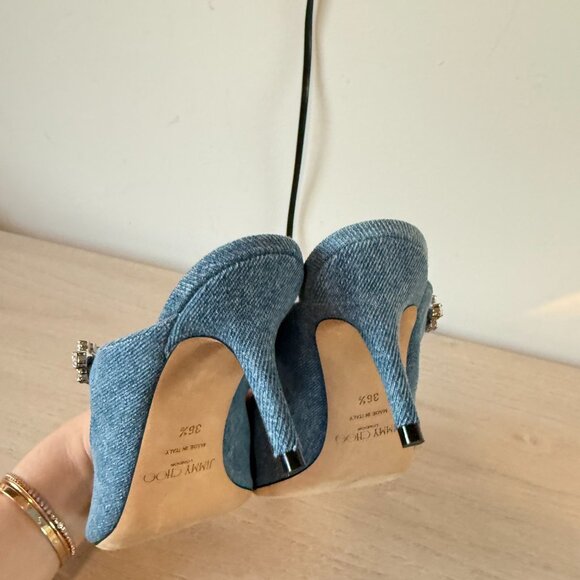 Jimmy Choo Bing 65 Mules Blue Denim Crystal Embellished Pointed Toe 36.5 - Picture 9 of 12